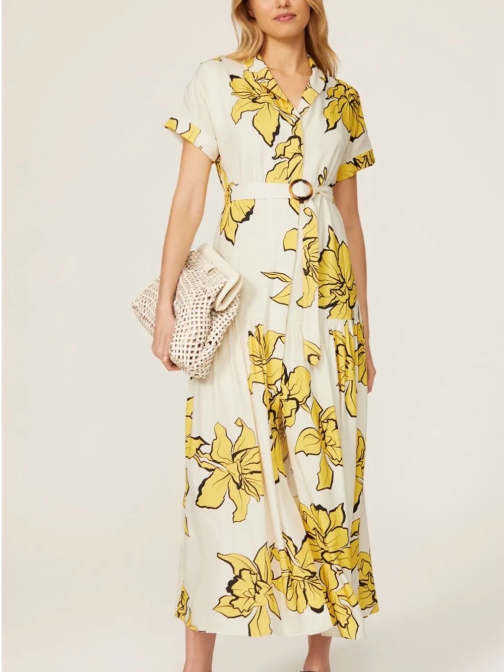 Anthropologie White Maxi Dress with Yellow Floral Print (slate & willow)